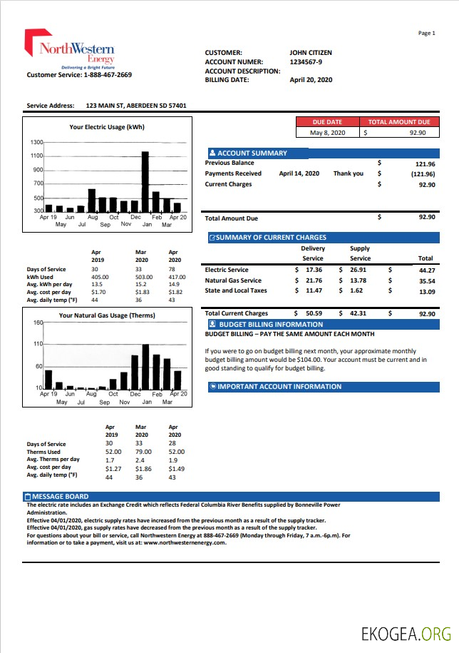 USA NorthWestern Energy utility bill template in Word and PDF format, version 1